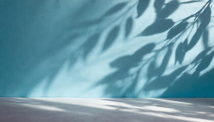 Obraz premium light background of shadows from plant leaves on a delicate light blue wall, minimalistic background for the presentation of your products, stock wallpaper image template