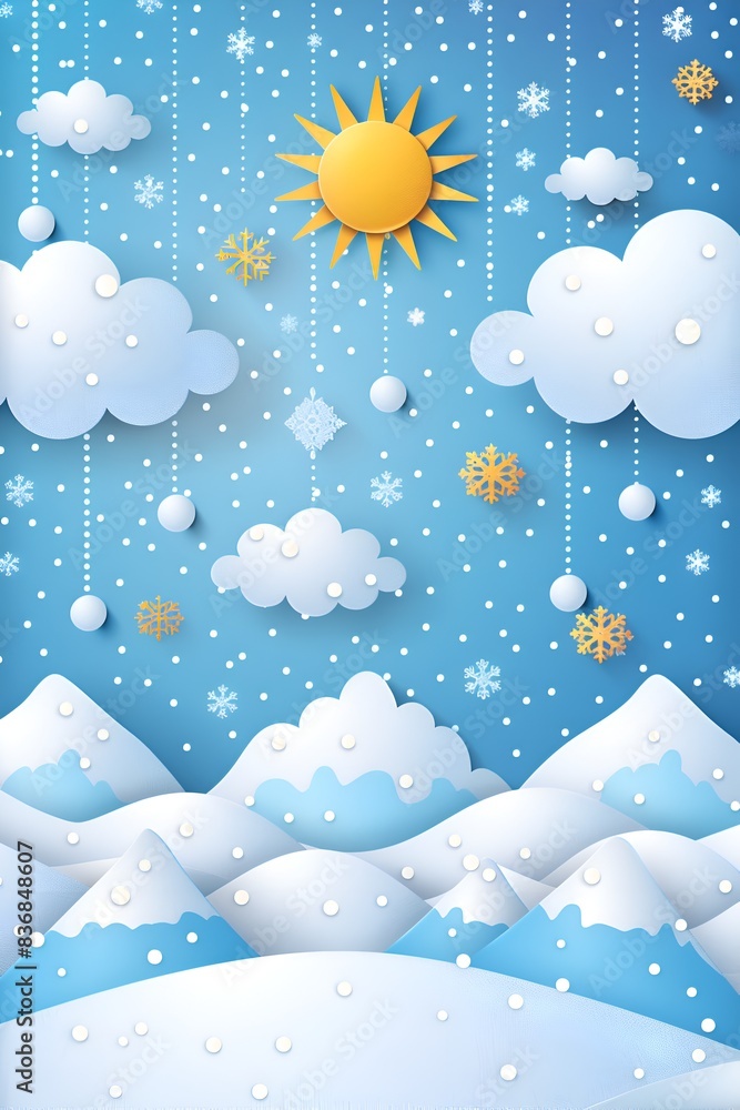 Poster a paper snow scene with a sun in the sky. the sky is blue and there are clouds in the background. th