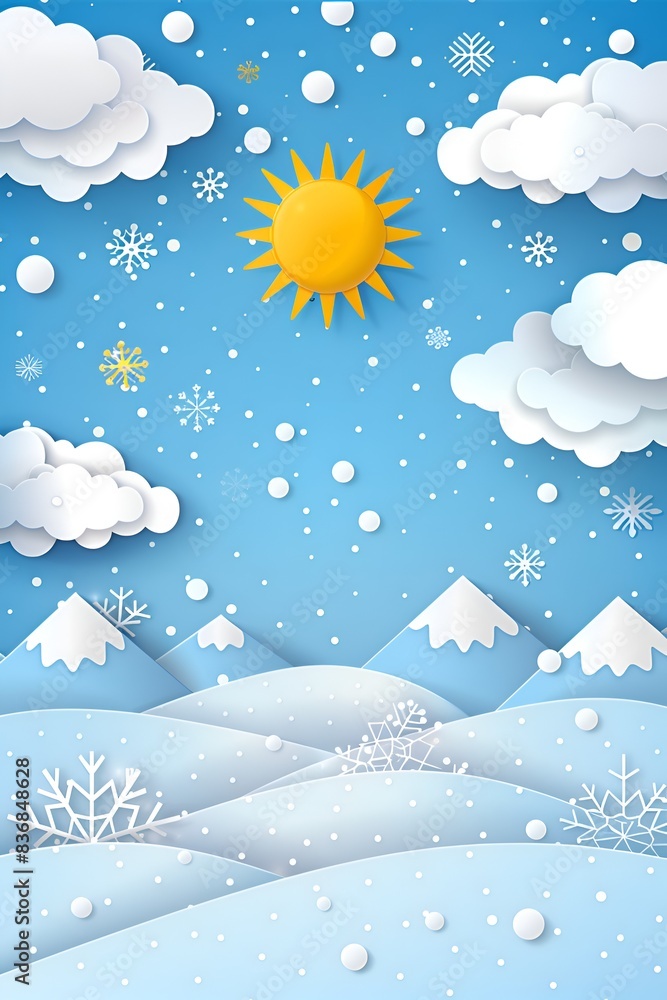 Poster a paper snow scene with a sun in the sky. the sky is blue and there are clouds in the background. th