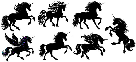 unicorn silhouette illustration. Unicorn head silhouette set. Hand drawn Vector illustration