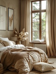 Panoramic view of the modern minimalist bedroom, accentuated by two thick chenille curtains hanging from the large windows