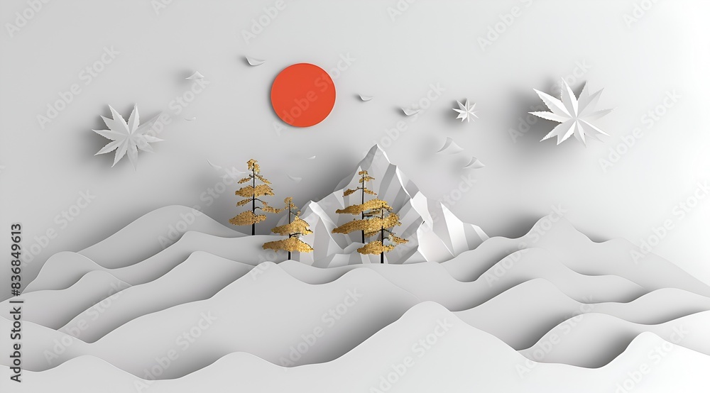 Poster a mountain range with trees and a snow-covered landscape. the sun is setting in the background, cast
