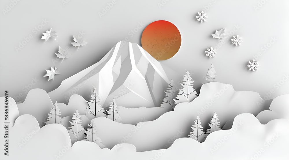 Poster a mountain range with trees and a snow-covered landscape. the sun is setting in the background, cast