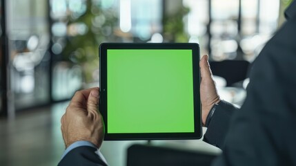 Hispanic businessman holding a black tablet with a vibrant green screen, ready for your custom content, in a modern office setting