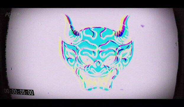 Scary Japanese demon mask with glitches and distortion effects on old style video camera frame