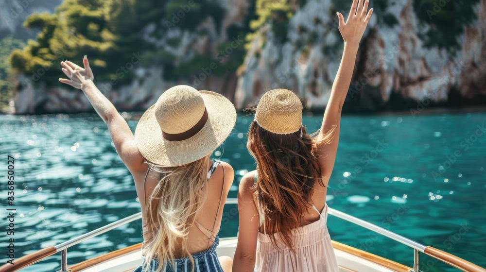 Wall mural Back portrait of two female friends sitting on boat, waving with hat while talking and enjoying looking at seaside. Sisters finally took vacation to visit their mom who lives in Italy