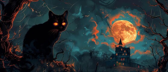 Side view of a black cat with glowing eyes