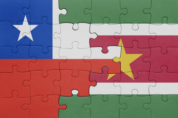 puzzle with the colourful national flag of suriname and flag of argentina.