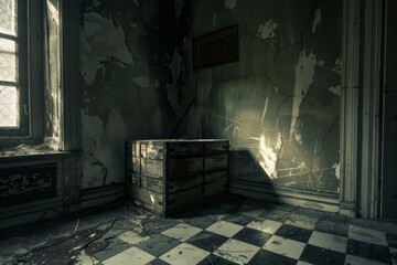 Sunlight streams through windows onto a dusty piano in a dilapidated mansion room with peeling walls