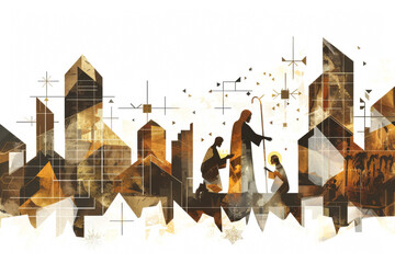 Abstract painting of biblical figures in a cityscape, featuring geometric patterns and warm tones