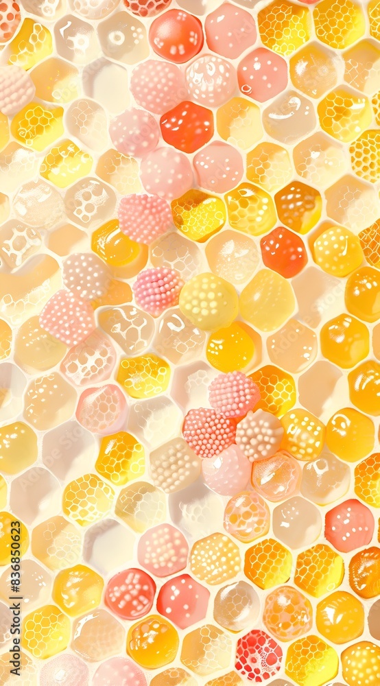 Poster a close up of a honeycomb with many different colored beads. the honeycomb is yellow and the beads a