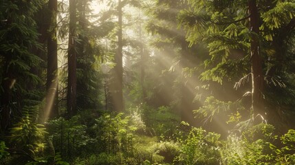 Obraz premium Tranquil Sunlit Forest Landscape with Copy Space Above Trees