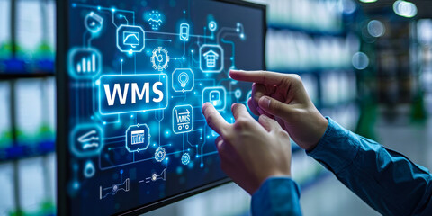 Professional interacts with digital interface displaying WMS Warehouse Management System and related icons, adoption of technology for streamlining logistics and supply chain operations