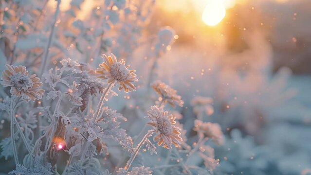 Tranquil winter landscape of flowers covered in frost on a beautiful sunrise background