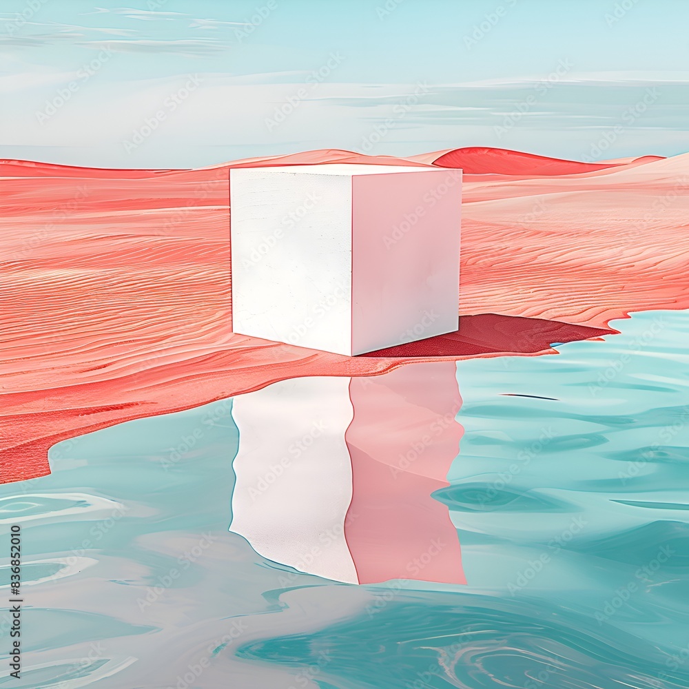 Poster a white cube is floating in a pink ocean. the cube is surrounded by a pink and blue reflection. the 