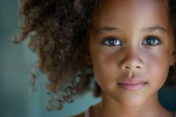 Closeup portrait of a young girl with captivating blue eyes and curly hair