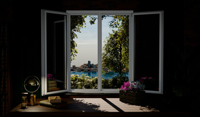 view over a desk from a window onto a lake in summer, surrounded by bushes, trees and flowers - 3d illustration