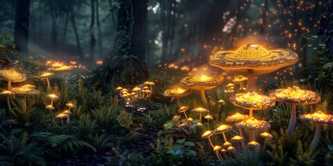 An enchanted forest with Omega-shaped mushrooms glowing in the dark generated by AI