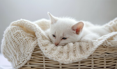 Obraz premium Fluffy White Kitten in a Cozy Basket, perfect for pet adoption ads, animal shelter promotions, pet care blogs, greeting cards, and social media