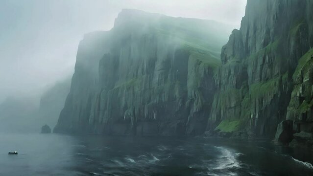 Seaside cliffs shrouded in mist, surrounded by lush greenery under a serene sky