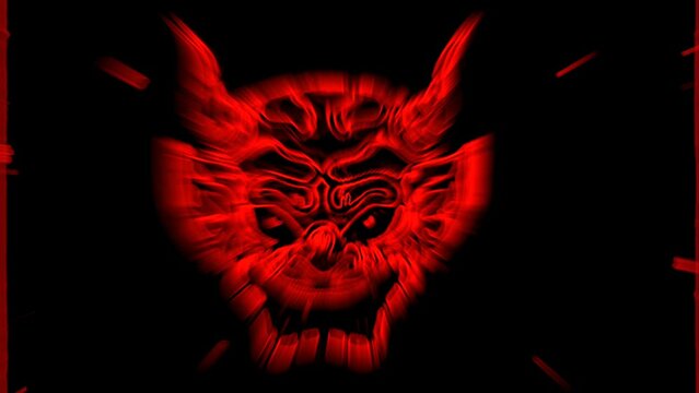 Scary red Japanese demon mask animation on black background, with glitches, static, distortion and texture visual effects