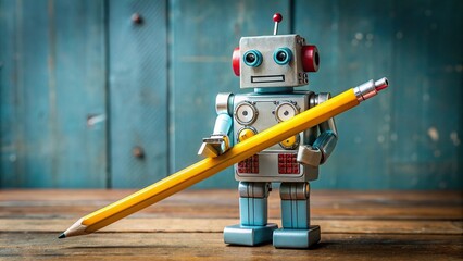 Stock photo of an Copywriting bot holding a pencil, perfect for content writing and technology concepts