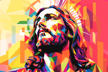 Low polygon style illustration of Jesus Christ. Abstract colorful background.