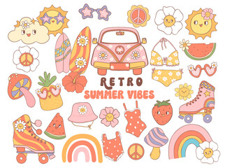 Fototapeta premium Retro Groovy Summer Vibes collection Cartoon Cute Character Disco 70s 80s Style