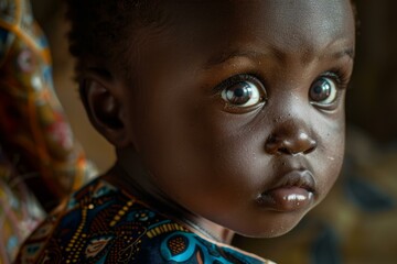 Closeup portrait of an expressive african child in traditional attire. Gazing into the camera with soulful and contemplative eyes