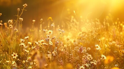 Fototapeta premium A peaceful meadow bathed in golden sunlight, with wildflowers in full bloom.