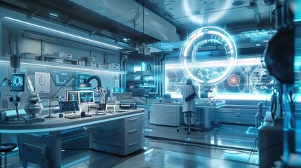 A high-tech laboratory with a holographic Omega symbol floating generated by AI
