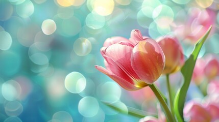Closeup of blooming tulip flower in spring on pastel bokeh background.