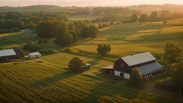 Aerial view of Golden Hour over peaceful farmland with barns and fields