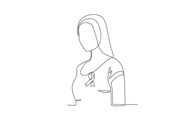Single continuous line drawing of a Woman and pink ribbon, Breast cancer awareness month concept. One line draw design vector illustration