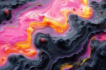 A colorful swirl of paint with a black and orange section