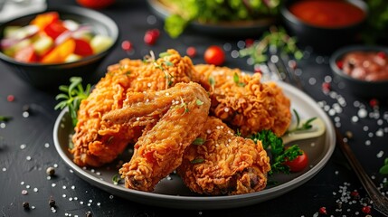 A plate of golden fried chicken with colorful sides, dark backdrop with sparkling light