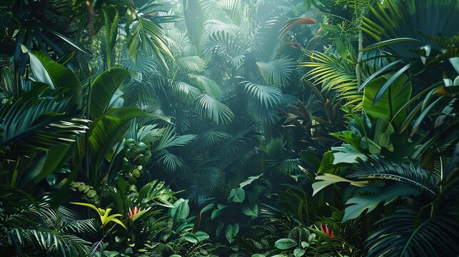A lush tropical jungle with dense foliage and exotic plants. 