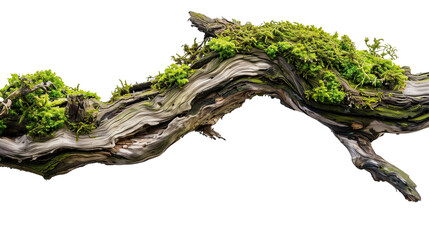 weathered tree branch, covered in patches of vibrant green moss, isolated on transparent background.