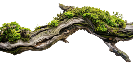 weathered tree branch, covered in patches of vibrant green moss, isolated on transparent background.