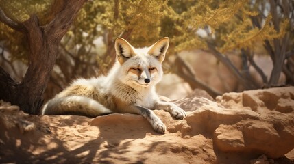 Fototapeta premium Desert Fox at Rest. A realistic photo of a desert fox resting in the shade of a small shrub, its fur glistening under the harsh sunlight
