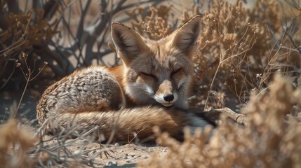 Desert Fox at Rest. A realistic photo of a desert fox resting in the shade of a small shrub, its fur glistening under the harsh sunlight