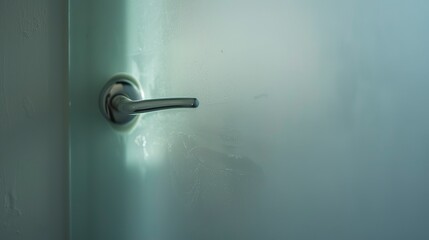Close-up of a patient room's door handle, foggy, no people, muted evening light 