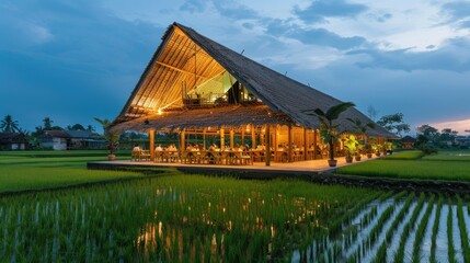 Fototapeta premium Bamboo in a rice field, Southeast Asia, providing a serene and unique dining experience with sustainable energy and rooftop views