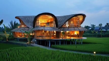 Bamboo in a rice field, Southeast Asia, providing a serene and unique dining experience with sustainable energy and rooftop views