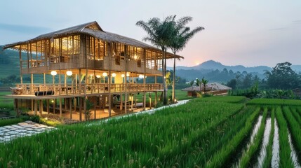 Obraz premium Bamboo in a Southeast Asian rice field, offering a unique and relaxing dining experience with sustainable energy and rooftop views