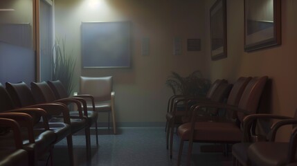 Close-up of waiting room artwork, foggy, no people, soft focus, late night light 