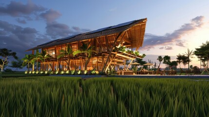 Bamboo in a Southeast Asian rice field, offering a unique and relaxing dining experience with sustainable energy and scenic rooftop views