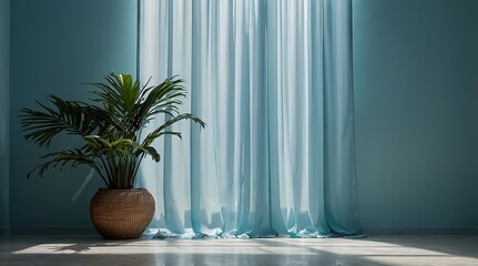 blue wall background with blue curtains covering the huge window and a vase with a palm tree, room interior image, conceptual space