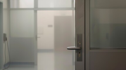 Emergency room entrance door, close-up, foggy and empty, evening light 