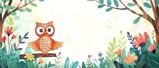 Adorable Cartoon Owl Bird Perched in Vibrant Floral Garden Frame with Blank Nature Inspired Space for Mockup or Message